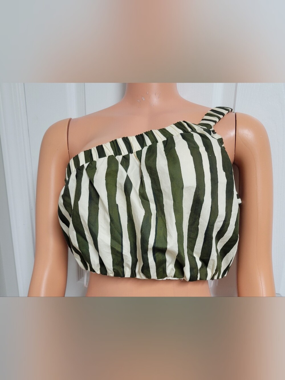 Marie Oliver Giselle Olive Green and Cream Striped One-Shoulder Crop Top Size Sm